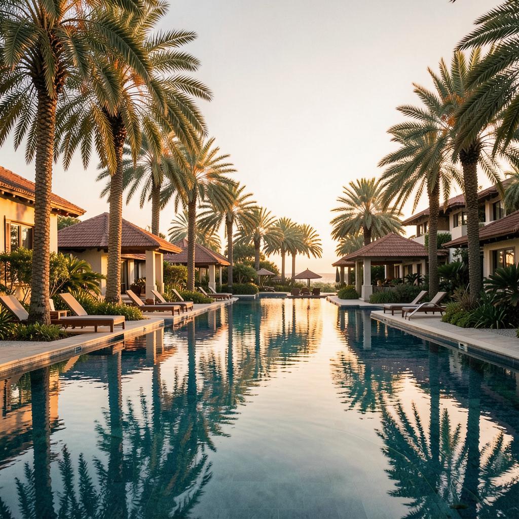 Resort pool at golden hour with palm trees